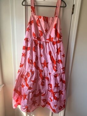 J.Crew Pink Lobster Print Tiered Midi Dress